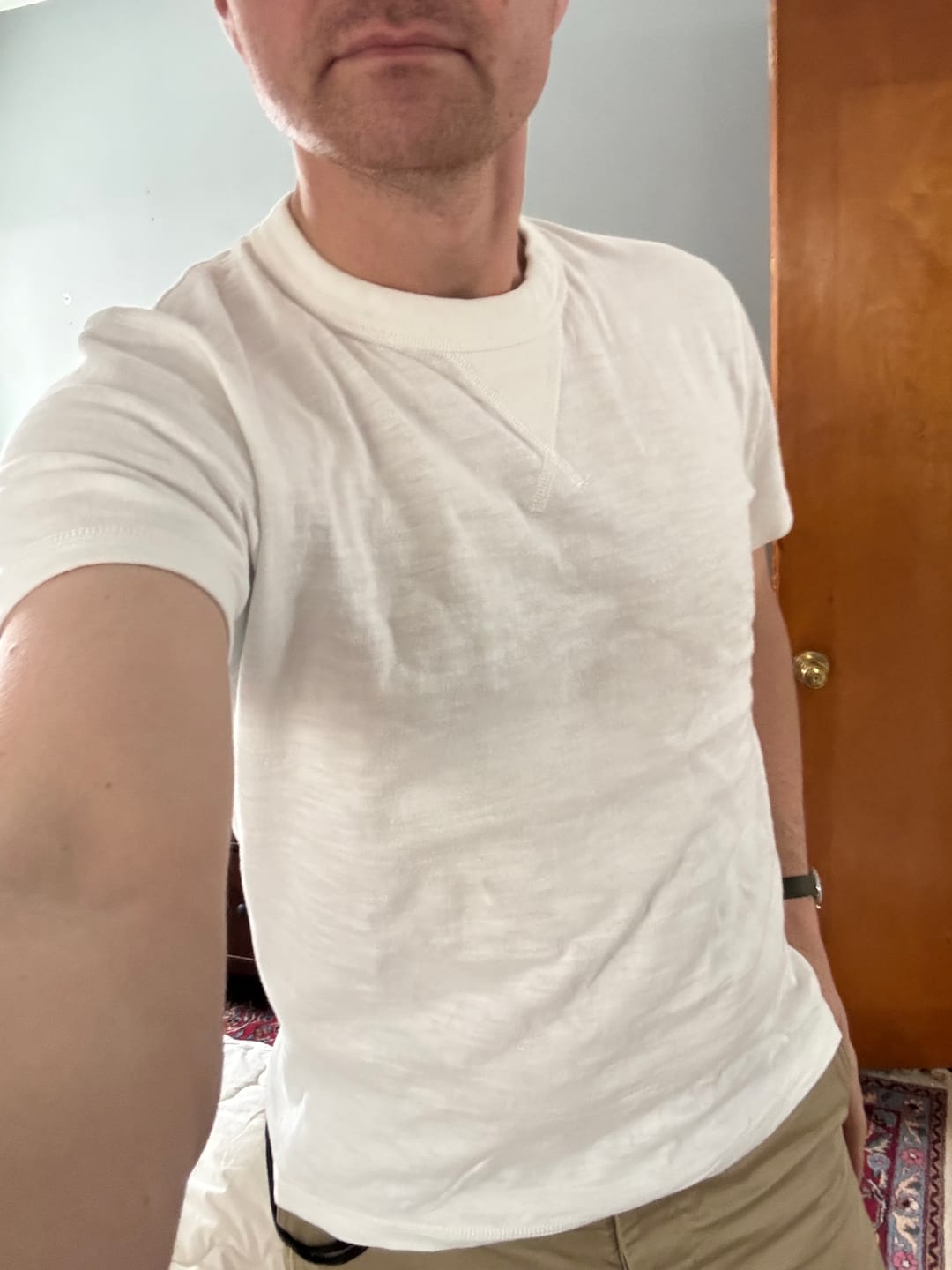 Customer photo review of 10.5 oz Cotton Tubular Gusset T-Shirt - White