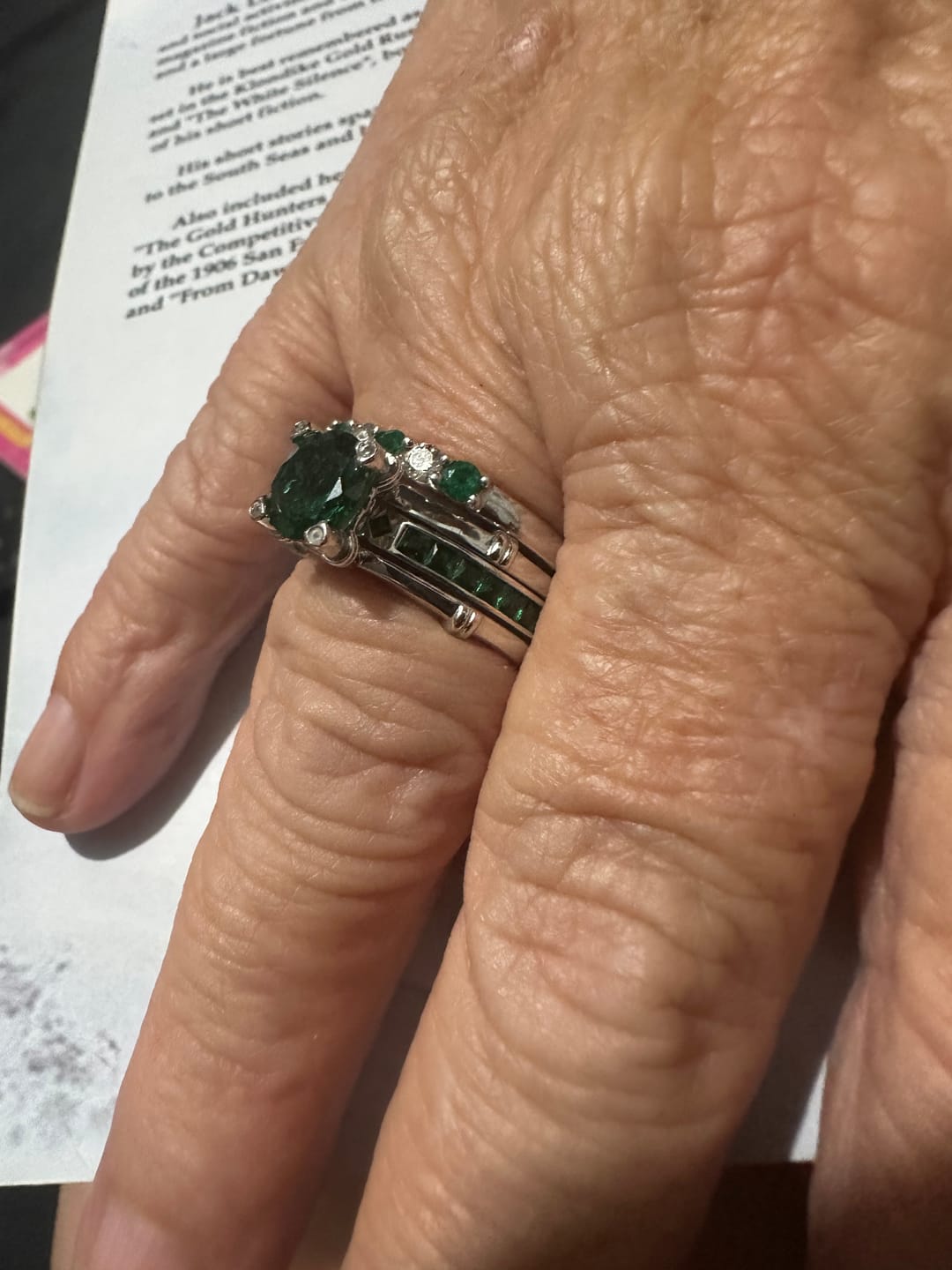 Customer photo review of Alternating Moissanite And Emerald Half Eternity Wedding Band Ring