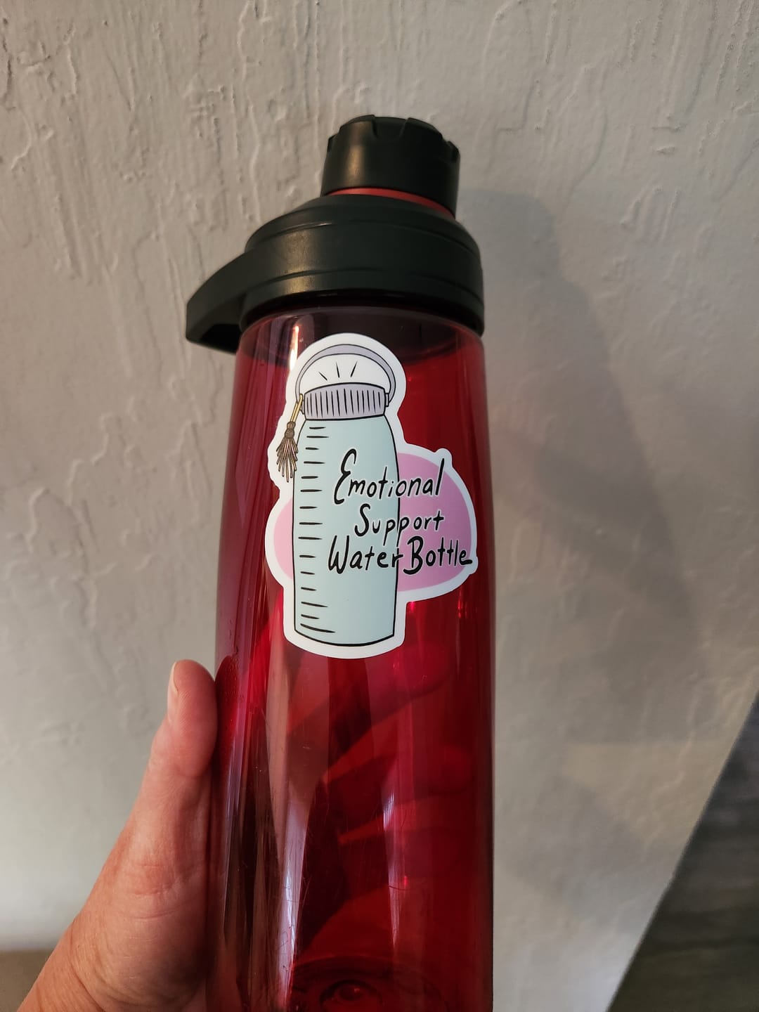 Customer photo review of "Emotional support water bottle" sticker