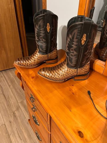 Customer photo review of Cognac Jumbo Python Leather Boots — Round Toe