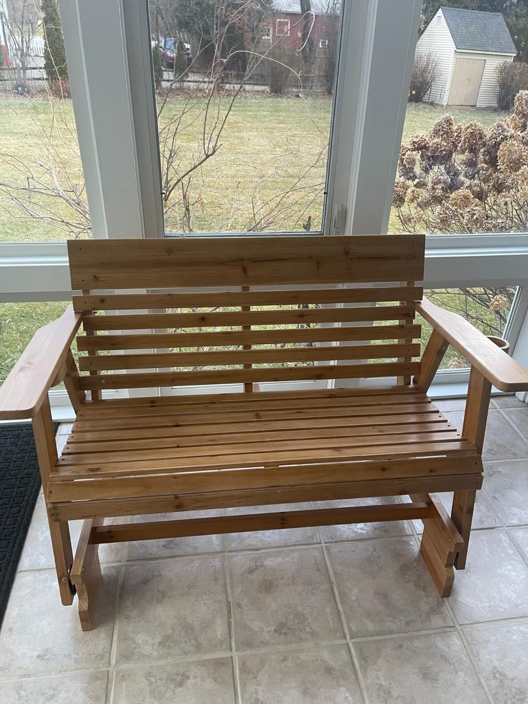 Customer photo review of Homrest Wooden Patio Glider Bench with Cup Holders Heavy Duty 900lbs