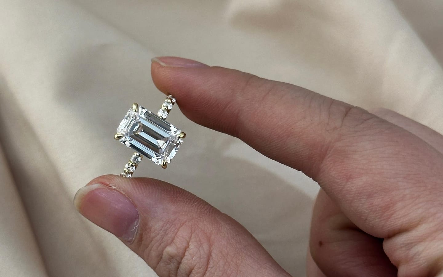 Customer photo review of Louily Desirable Emerald Cut Engagement Ring