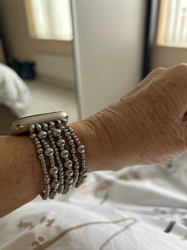 Customer photo review of Platinum Demure Stretch Apple Watch Strap