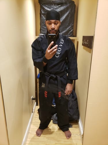 Customer photo review of 10 oz. Alpha Custom Black Medium Weight Karate Uniform