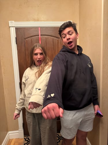 Customer photo review of Custom Embroidered Cute Dinosaurs Skaters Matching Hoodies for Couples