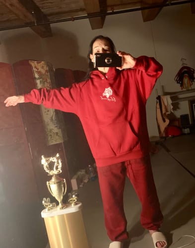 Customer photo review of 'El Animal' Heavyweight Hoodie in Crimson Red