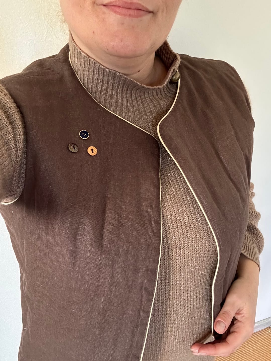 Customer photo review of Veston Gaston en matelassé rayures noires / lin choco