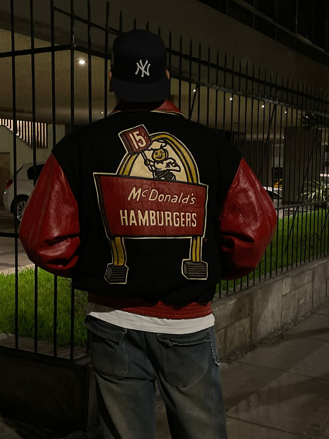 Customer photo review of 1990 Jeff Hamilton x McDonald's Speede 15c Logo Leather Varsity Jacket (XL)