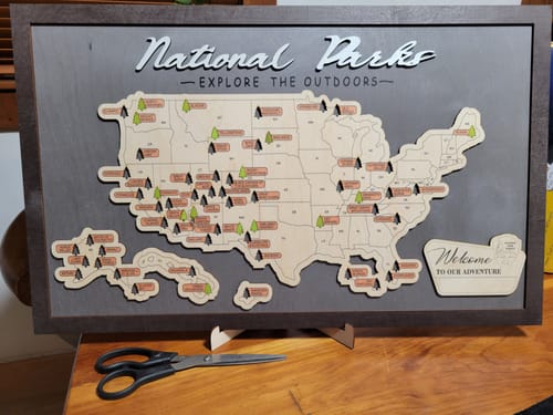 Customer photo review of US Wooden National Parks Travel Map With Trees To Record Park Visits (Light Grey)
