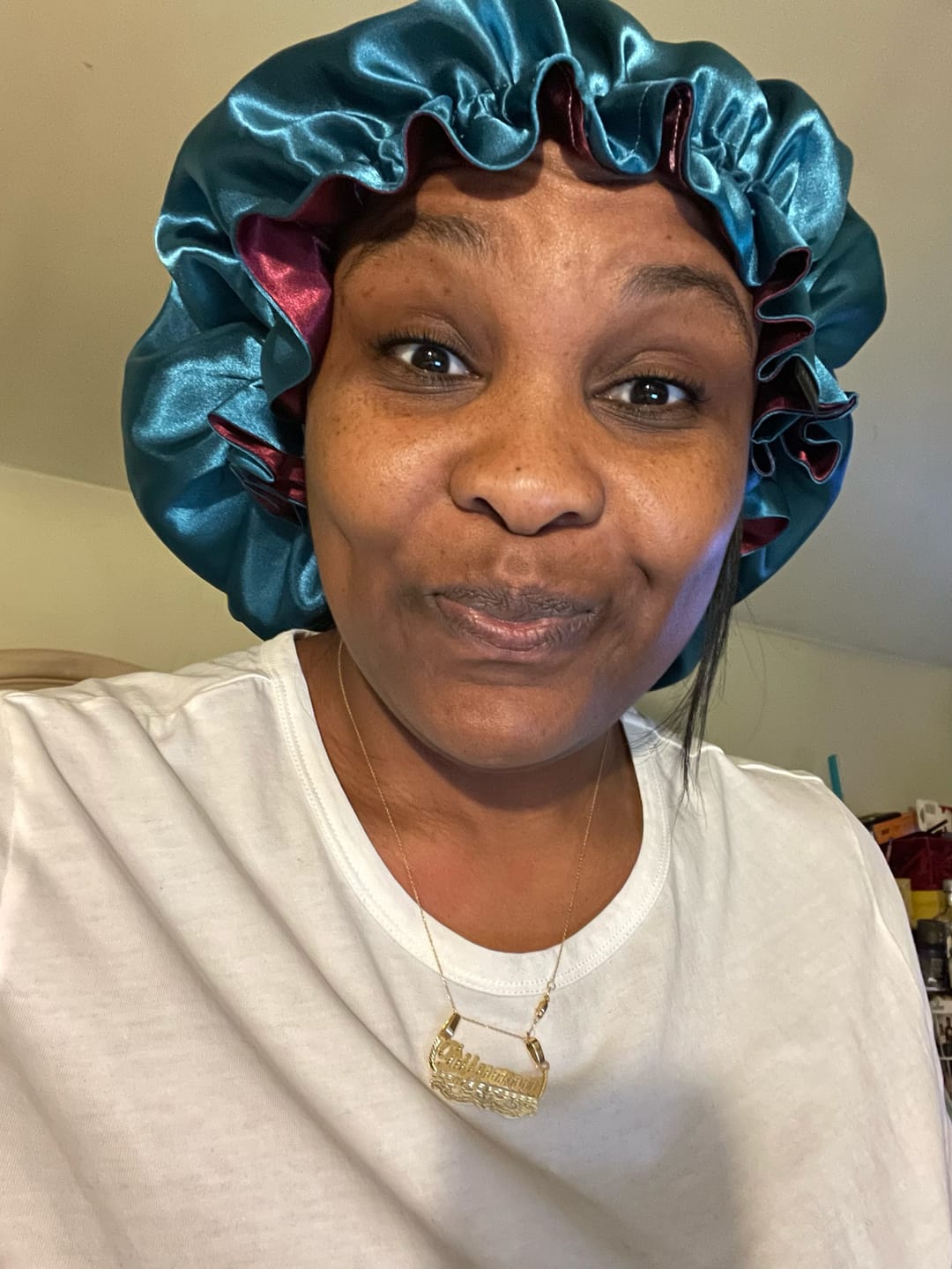 Customer photo review of Premium satin bonnet