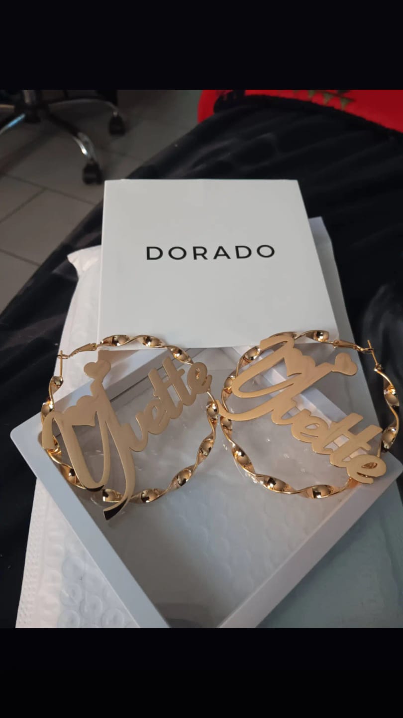 Customer photo review of Name Twirl Hoop Earrings