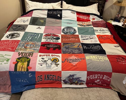 T-shirt quilt with travel, sports themes by Roya from FL
