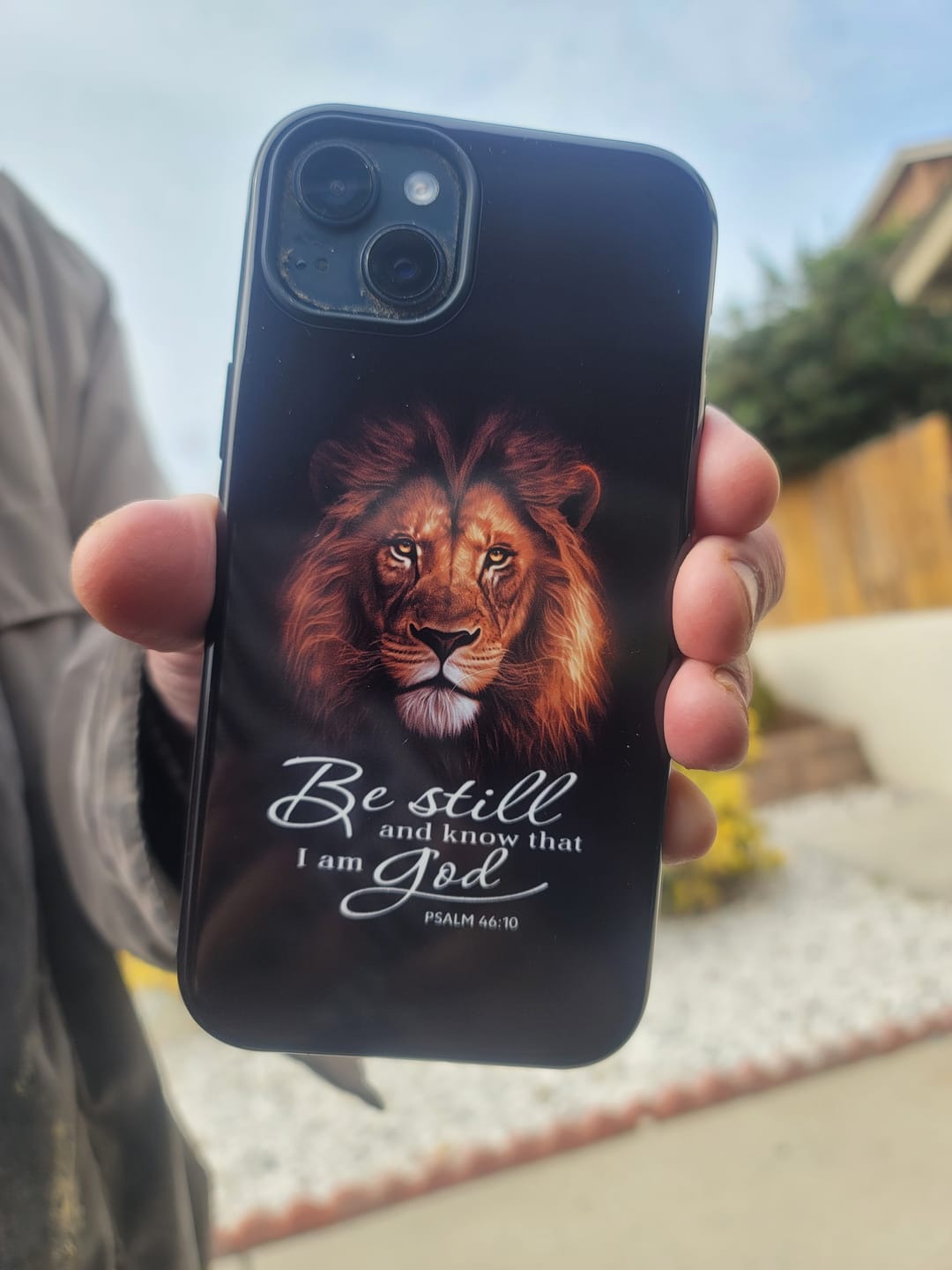 Customer photo review of Lion of Judah, Be still and know that I am God phone case, Bible verse phone cases