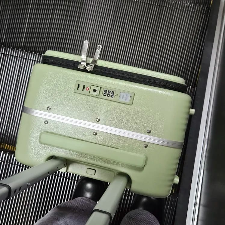 Customer photo review of Aluminum Frame Carry-On Luggage With USB Port And Phone Holder — White | KIMLUD