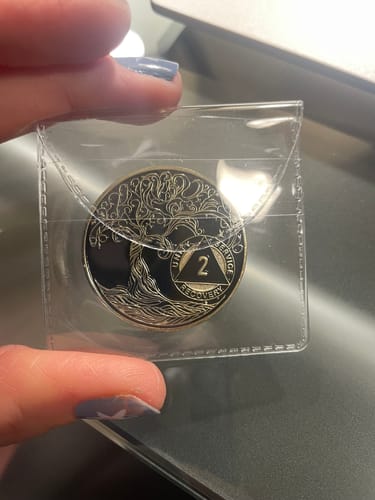 Customer photo review of 1 to 65 Year Sobriety Mint Twisted Tree of Life Gold Plated AA Recovery Medallion/Chip/Coin - Black