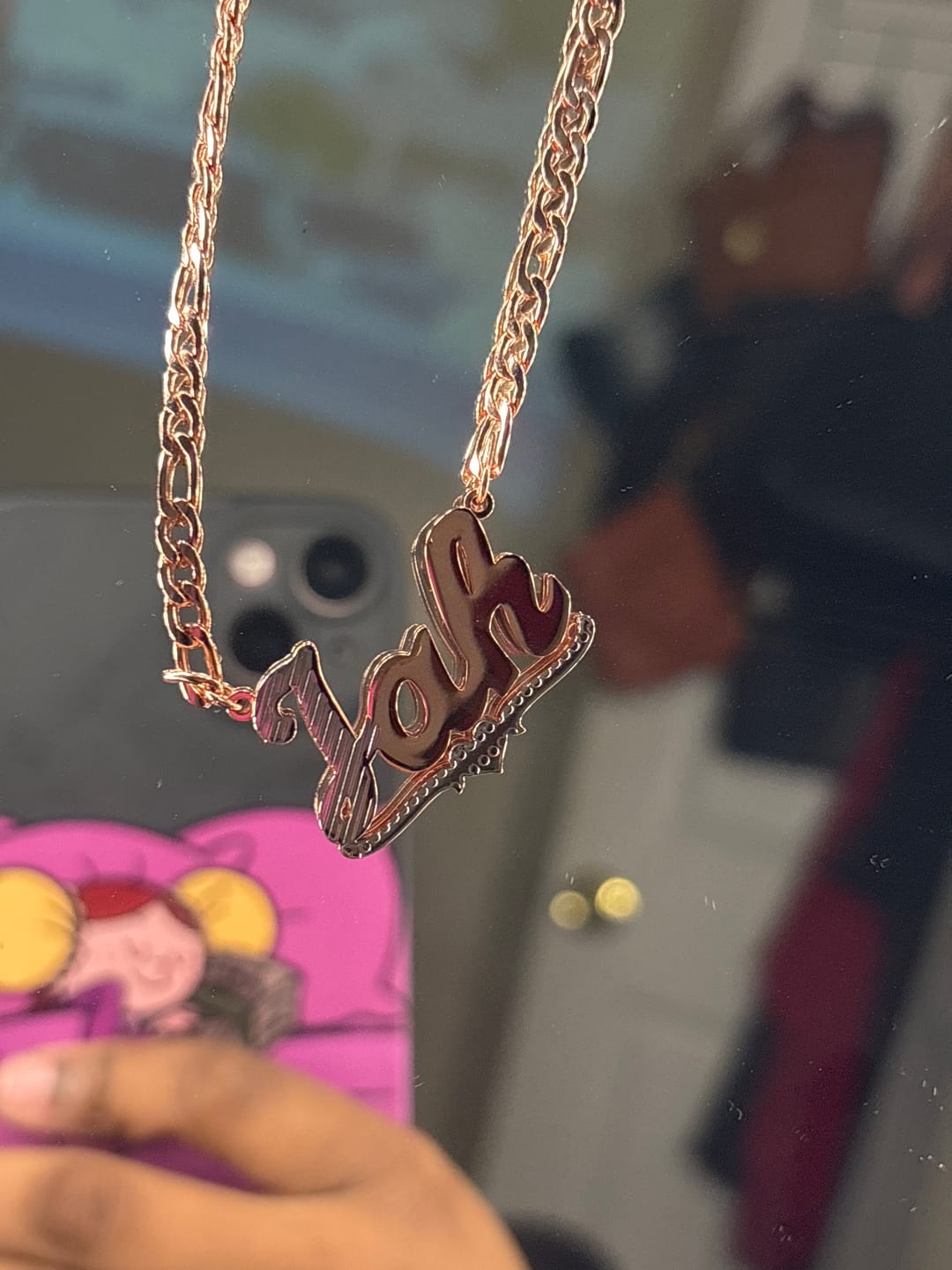 Customer photo review of Double Plated Script Name Necklace w/ Figaro Chain
