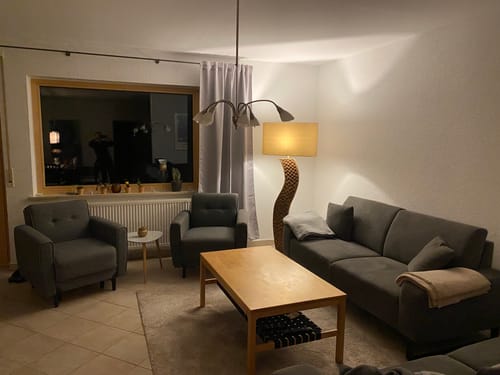 Customer photo review of Handmade Stehlampe DELATIA 170cm Leinenschirm