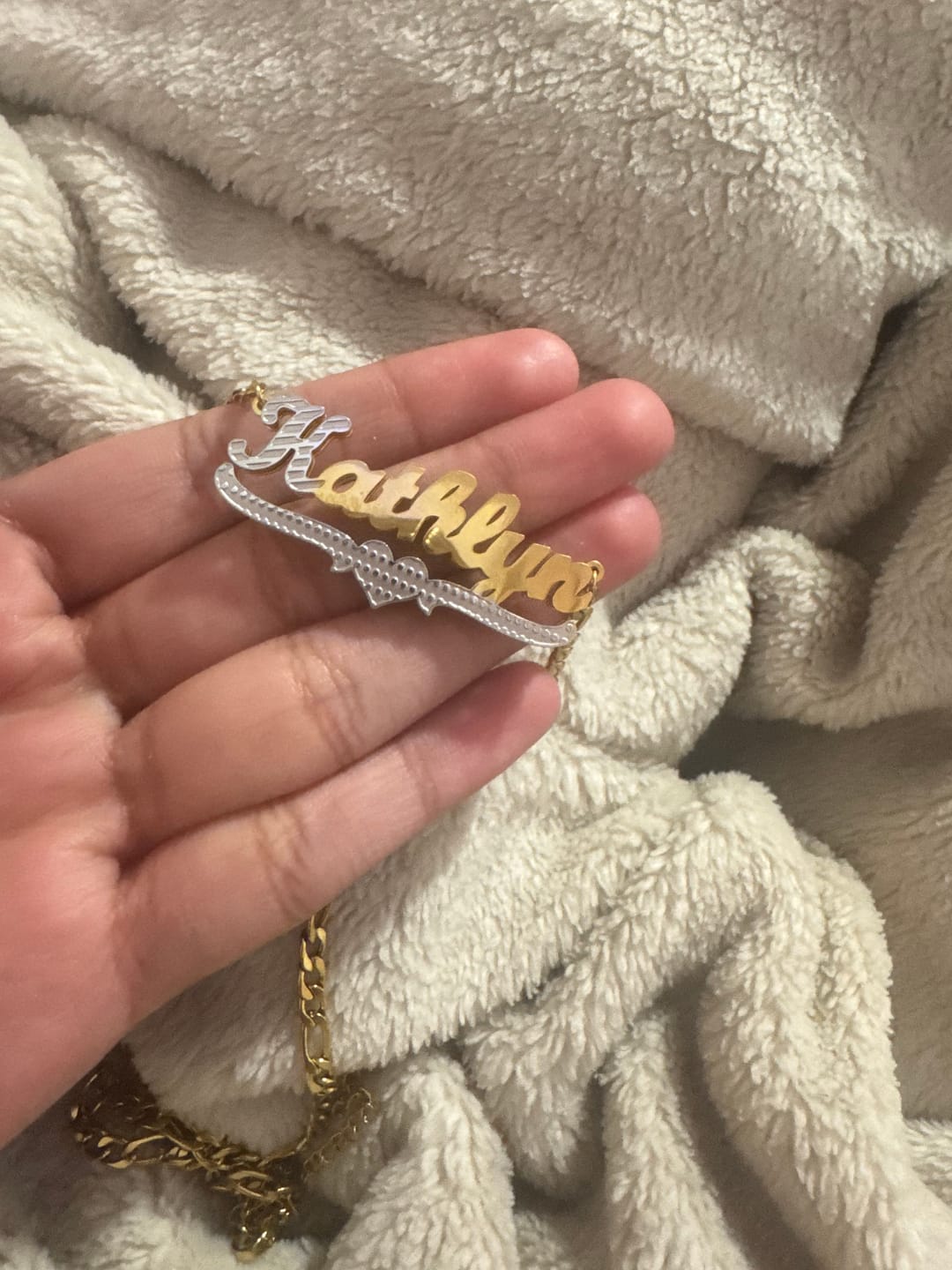 Customer photo review of Double Plated Script Name Necklace w/ Figaro Chain