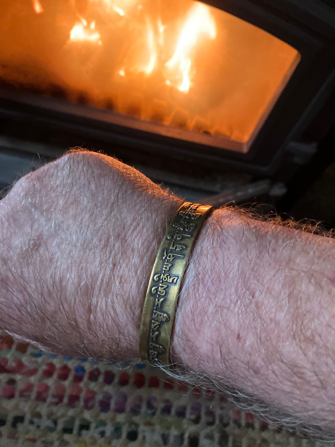 Customer photo review of Buddha Stones Tibetan Mahāpratisarā Mantra Sanskrit Copper Brass Healing Bracelet Bangle