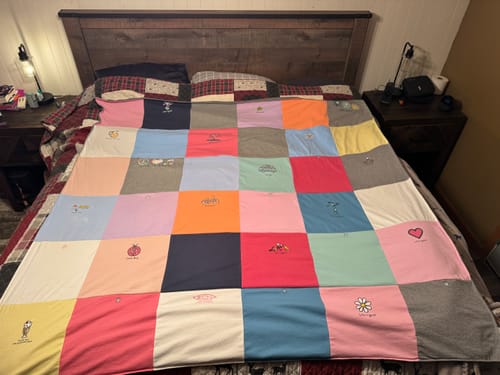 T-shirt quilt with arts and crafts, summer activities themes by Jodi from MN