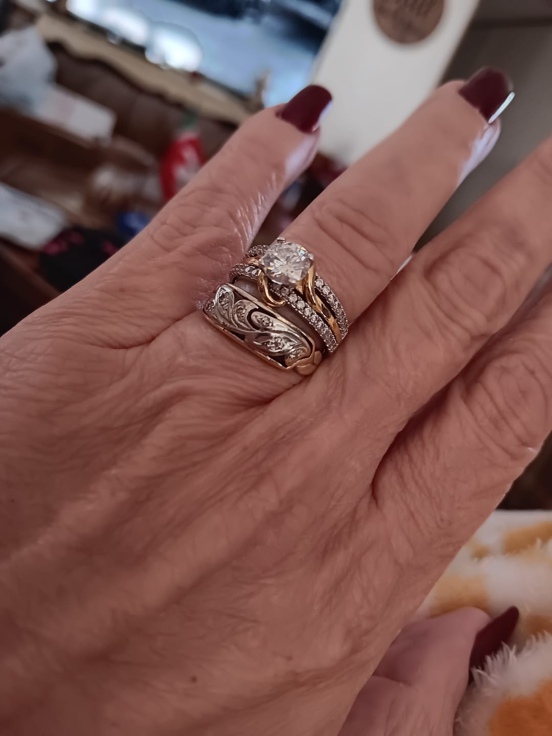 Customer photo review of Round Moissanite Two Tone Vine Split Shank Pave Engagement Ring