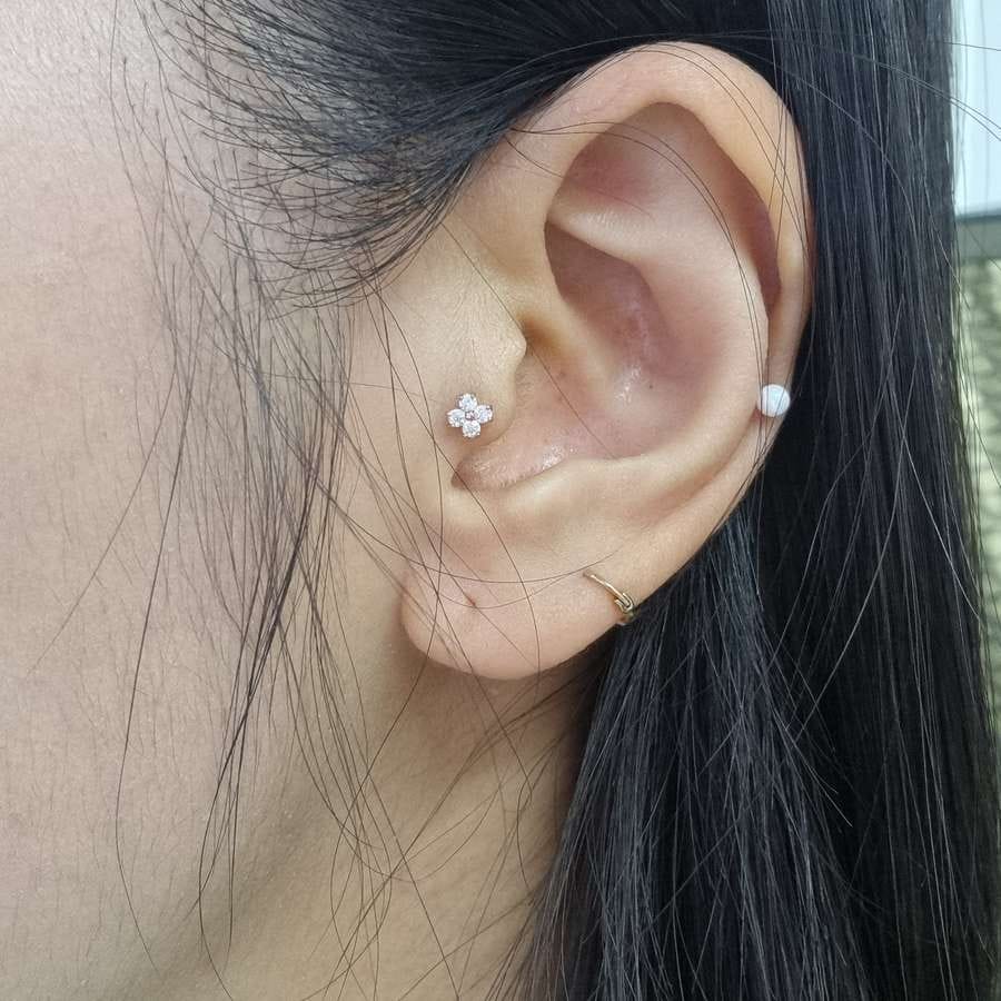 Customer photo review of 14K Gold Moissanite Four Petals Flower Internally Threaded Labret Piercing 20G18G16G