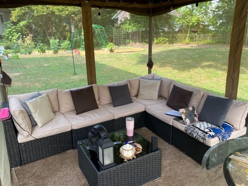 Customer photo review of Homrest 7 Piece Outdoor Patio Furniture with Storage Table, Cushions and Pillows, Khaki