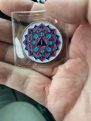 Customer photo review of 1 to 50 Year Sobriety Mint 'In Bloom' Lotus Flower Gold Plated AA Recovery Medallion/Chip/Coin - White