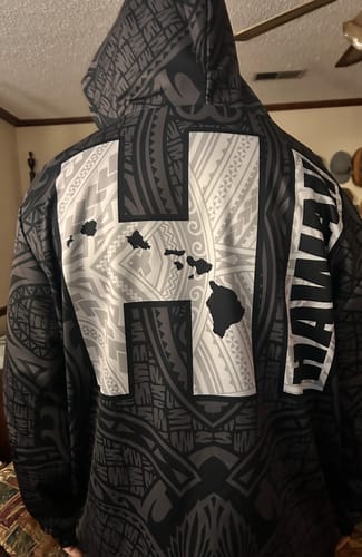 Customer photo review of Polynesian Suffer Kanaka Warrior Hawaii Zip Hoodie White