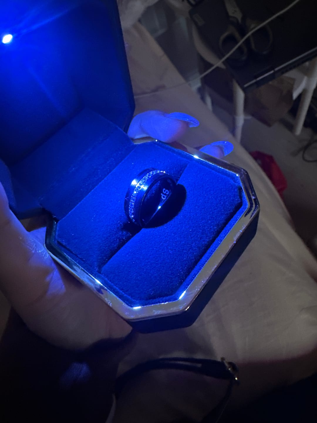 Customer photo review of 8mm Black Tungsten Carbide Wedding Ring with Cubic Zircon Diamonds