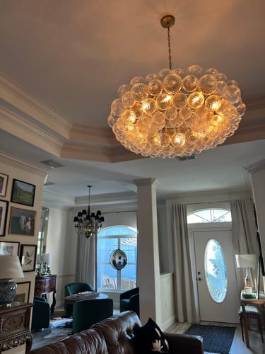 Customer photo review of Brass Halo Ribbed Glass Globe Bubble Ring Chandelier
