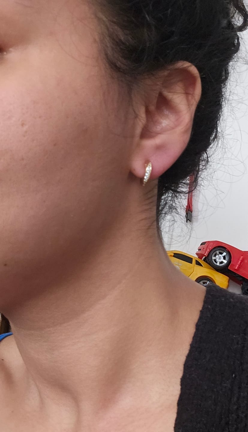 Customer photo review of Mini Pavé Huggie Clip On Earrings in Gold