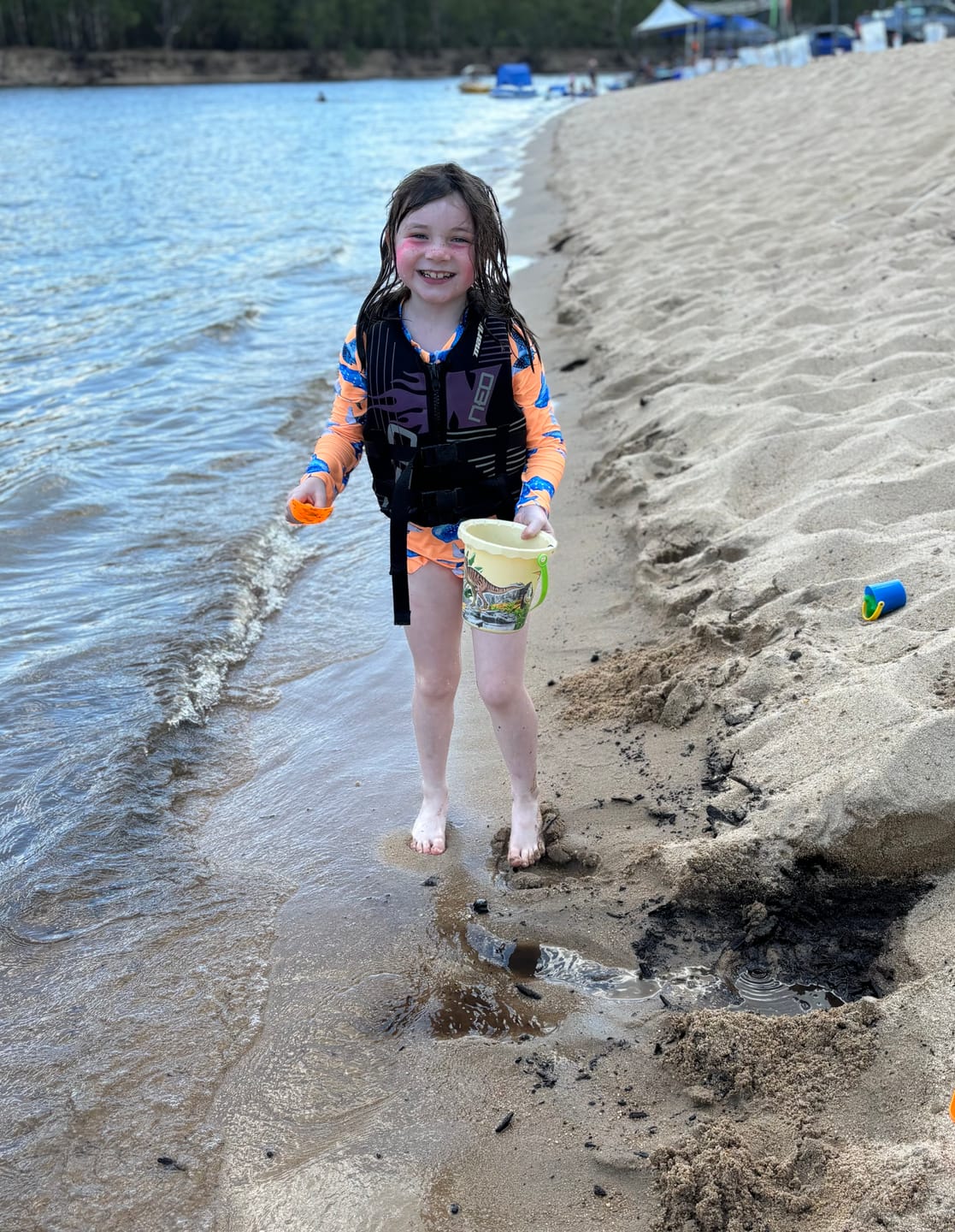 Customer photo review of Fluro Orange Sharks Girls Long Sleeve Zip Swimmers