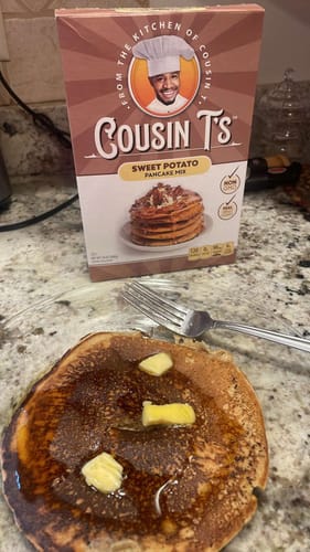 Customer photo review of Cousin T's Sweet Potato Pancake Mix   (2 Pack)
