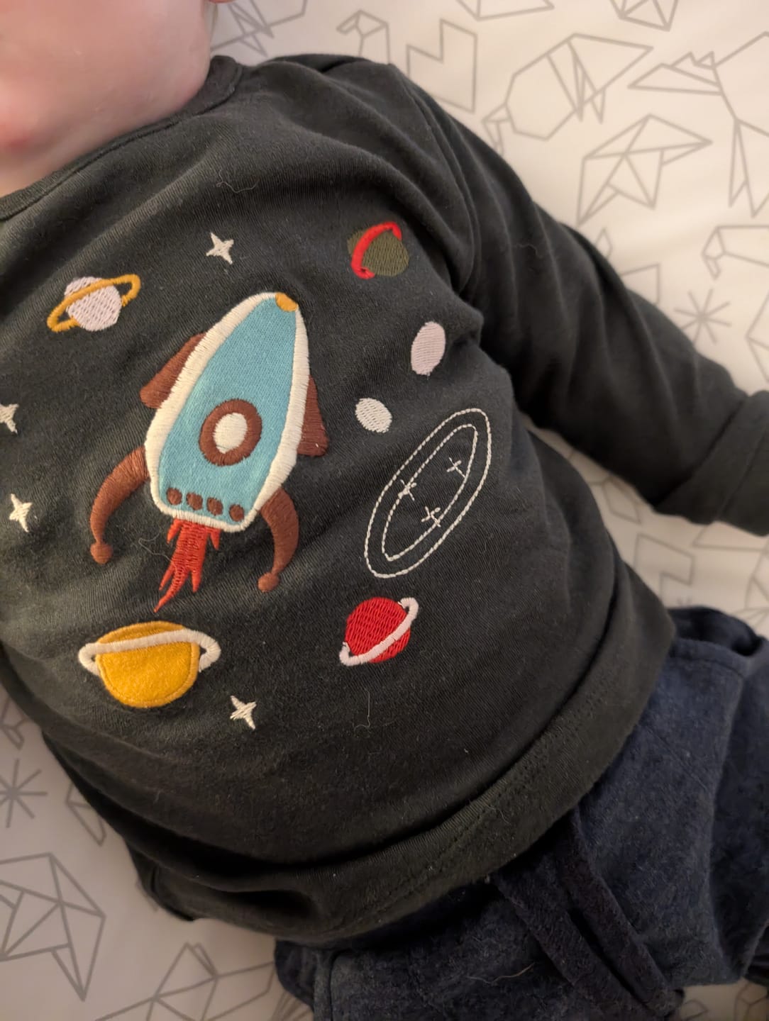 Customer photo review of Outer Space Chest Applique Long Sleeve T-Shirt