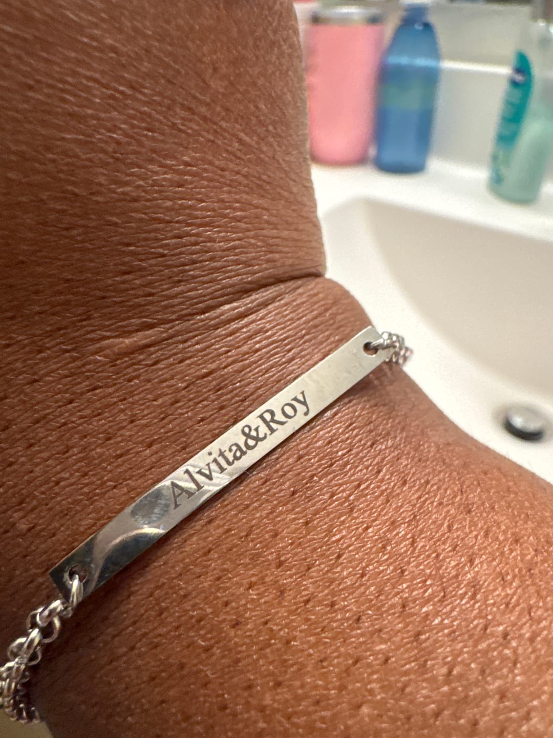 Customer photo review of Engraved Bar Bracelet