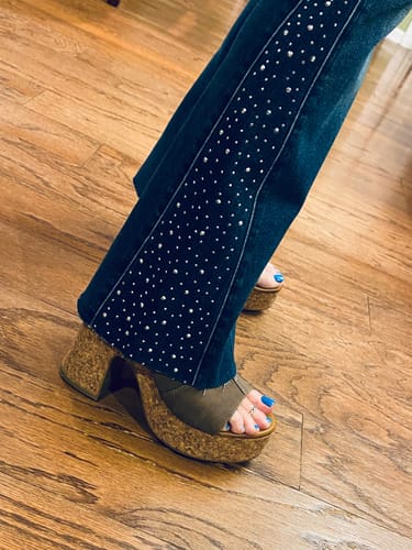 Customer photo review of Judy Blue Mid Rise Rhinestone Side Panel Detail Flares