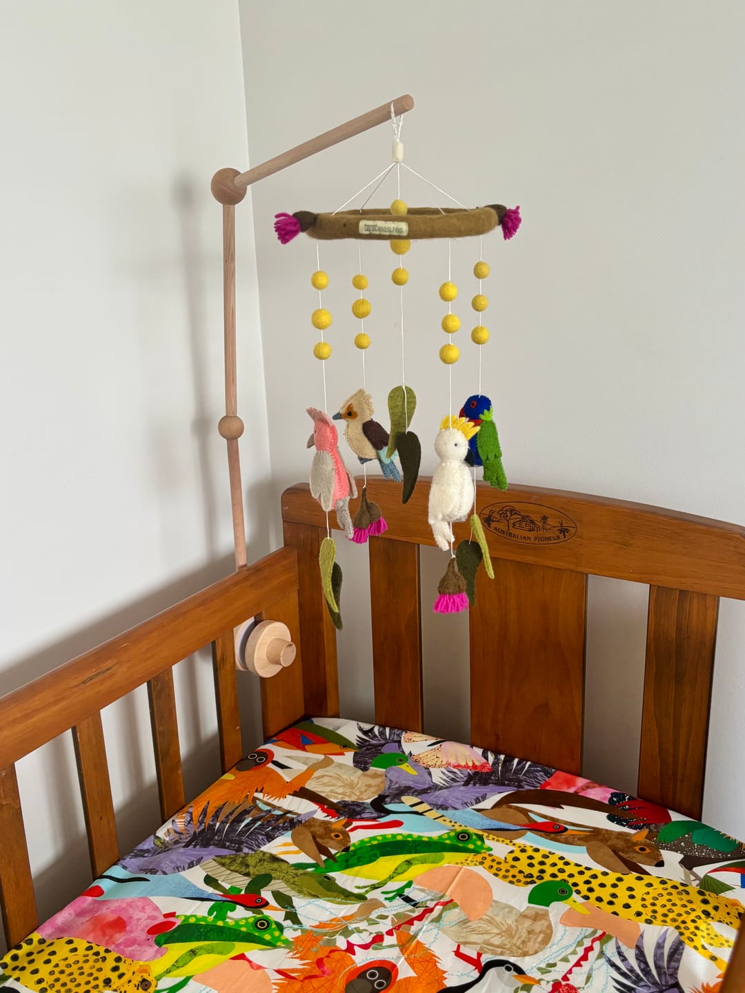 Customer photo review of Baby Cot Mobile - Australian Birds - Cockatoo, Lorikeet, Galah and Kookaburra