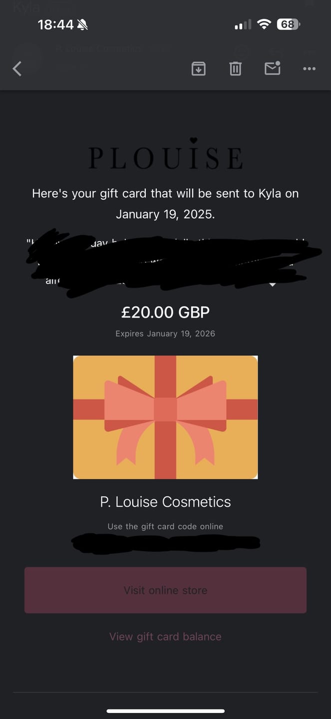 Customer photo review of P. Louise E-Gift Card