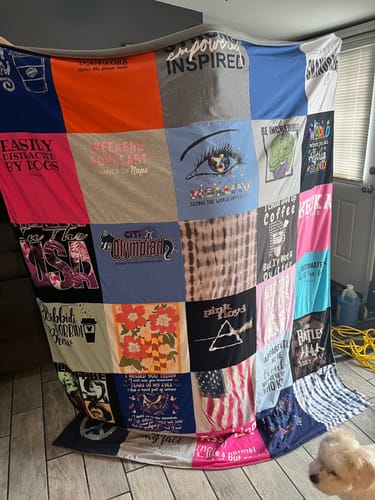 T-shirt quilt with art, coffee themes by Cathleen from NY
