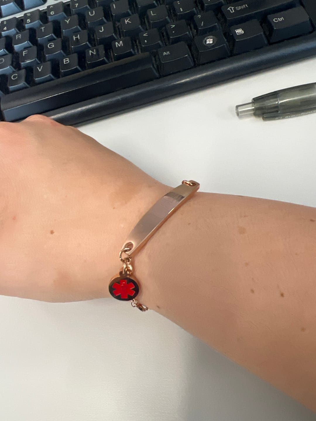 Customer photo review of Personalised Medical Alert Heart Link Bracelet - Rose Gold
