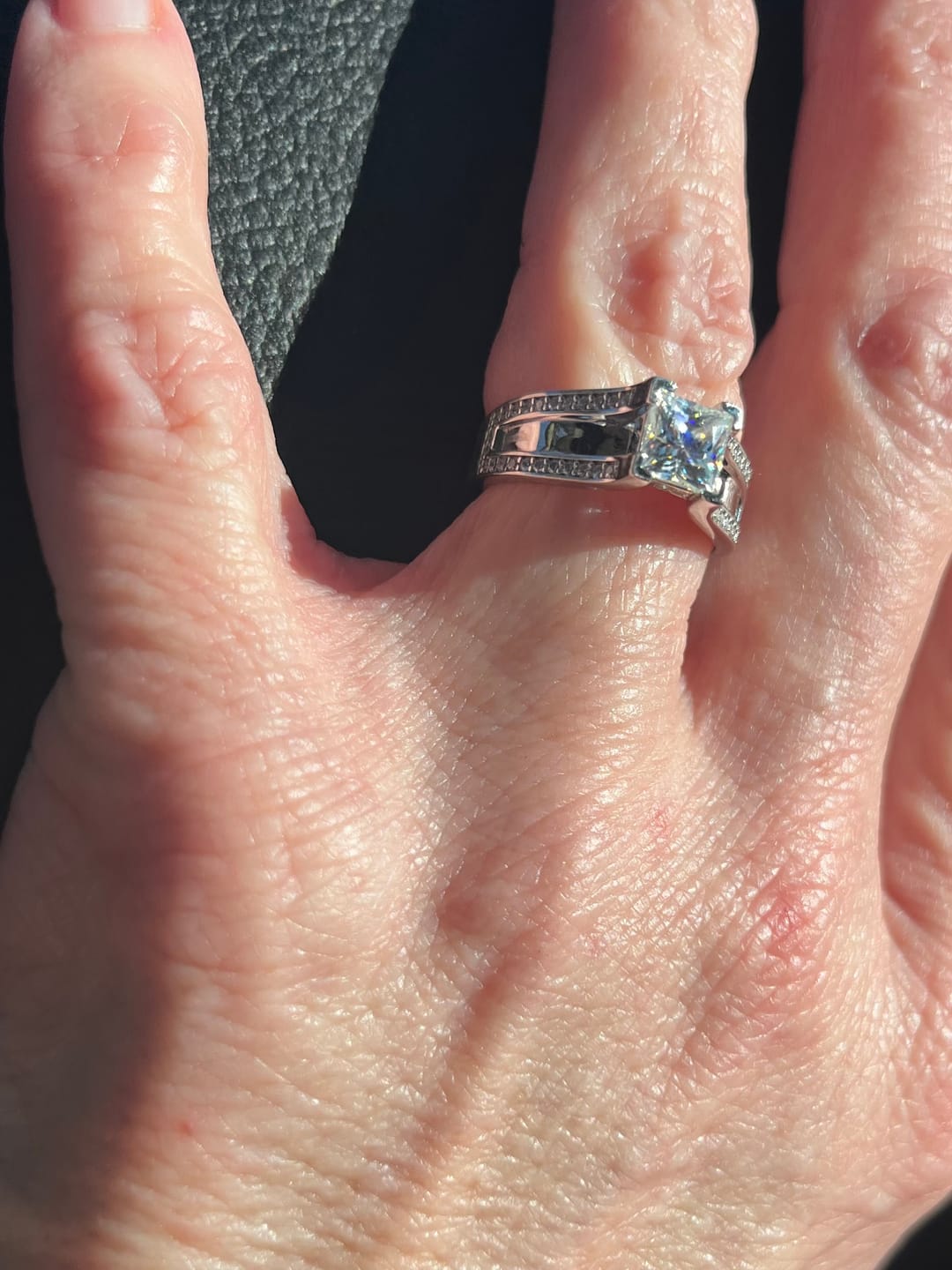 Customer photo review of Princess Cut Moissanite Triple Row Pave Engagement Ring