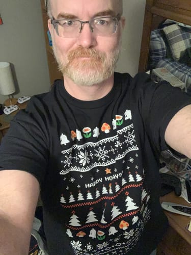 Customer photo review of Happy Holidays Faux Ugly Xmas Sweater Super Mario Bros. T-Shirt