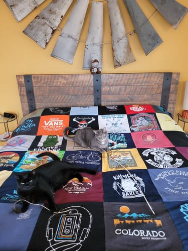 T-shirt quilt with cats, craft beer themes by Christy from VA