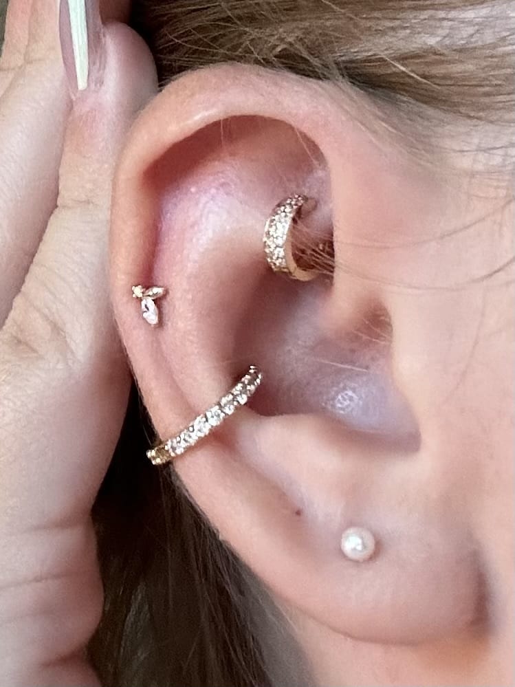 Customer photo review of 14K Gold Two Line Mini CZ Hoop Cartilage Earring