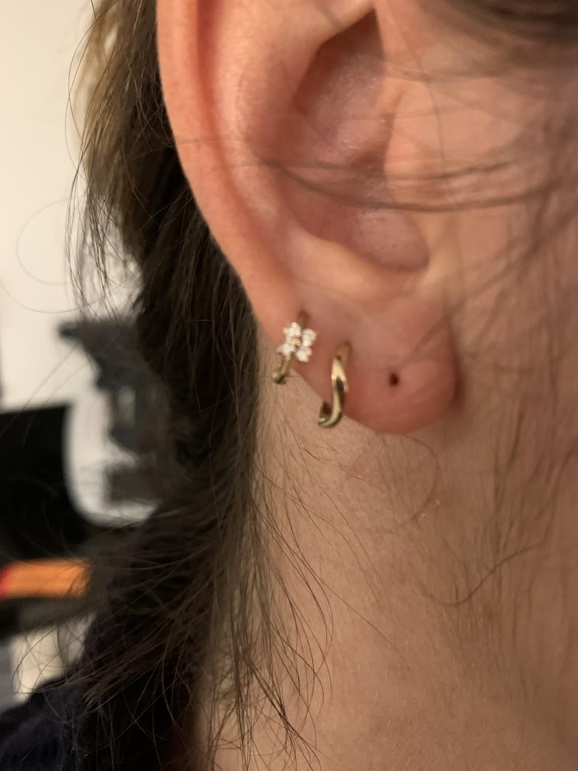 Customer photo review of 14K Gold Mini Flower Cubic Hoop Earring