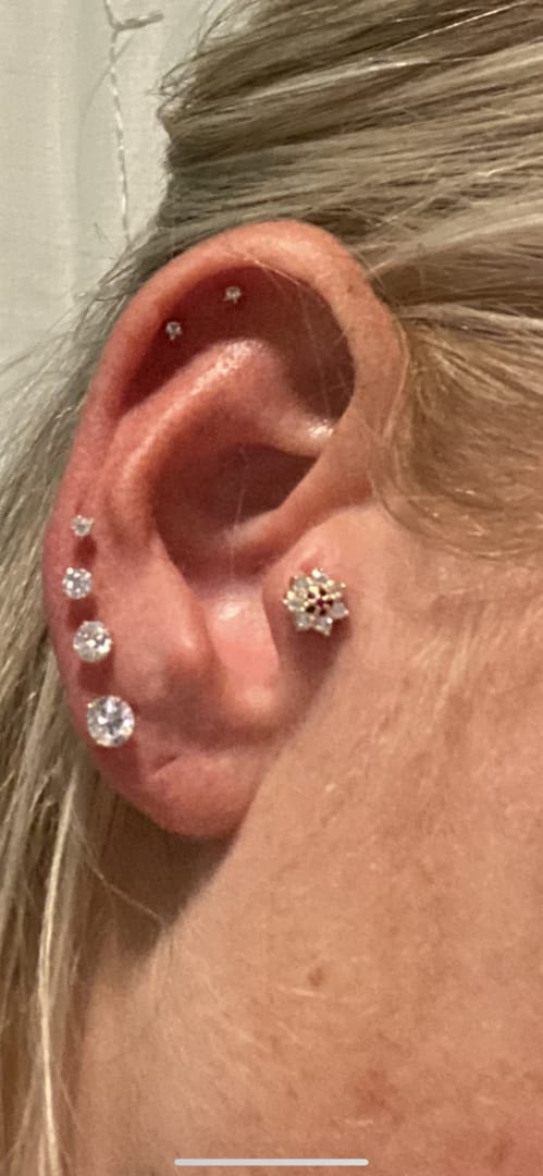 Customer photo review of 14K Gold Volume Ruby Flower Cartilage Earring 18G16G