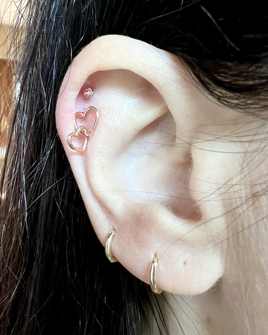 Customer photo review of 14K Gold Double Heart Drop Earring 20G18G16G