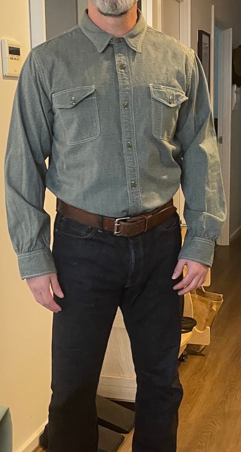 Customer photo review of Lot 217 1940s Pointed Collar Salt & Pepper Shirt - Sage Green