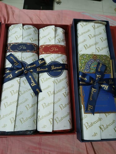 Customer photo review of Pashtush His And Her Set Of Jamawar Stole and Shawl With Premium Gift Box Packaging, Navy Blue and Maroon